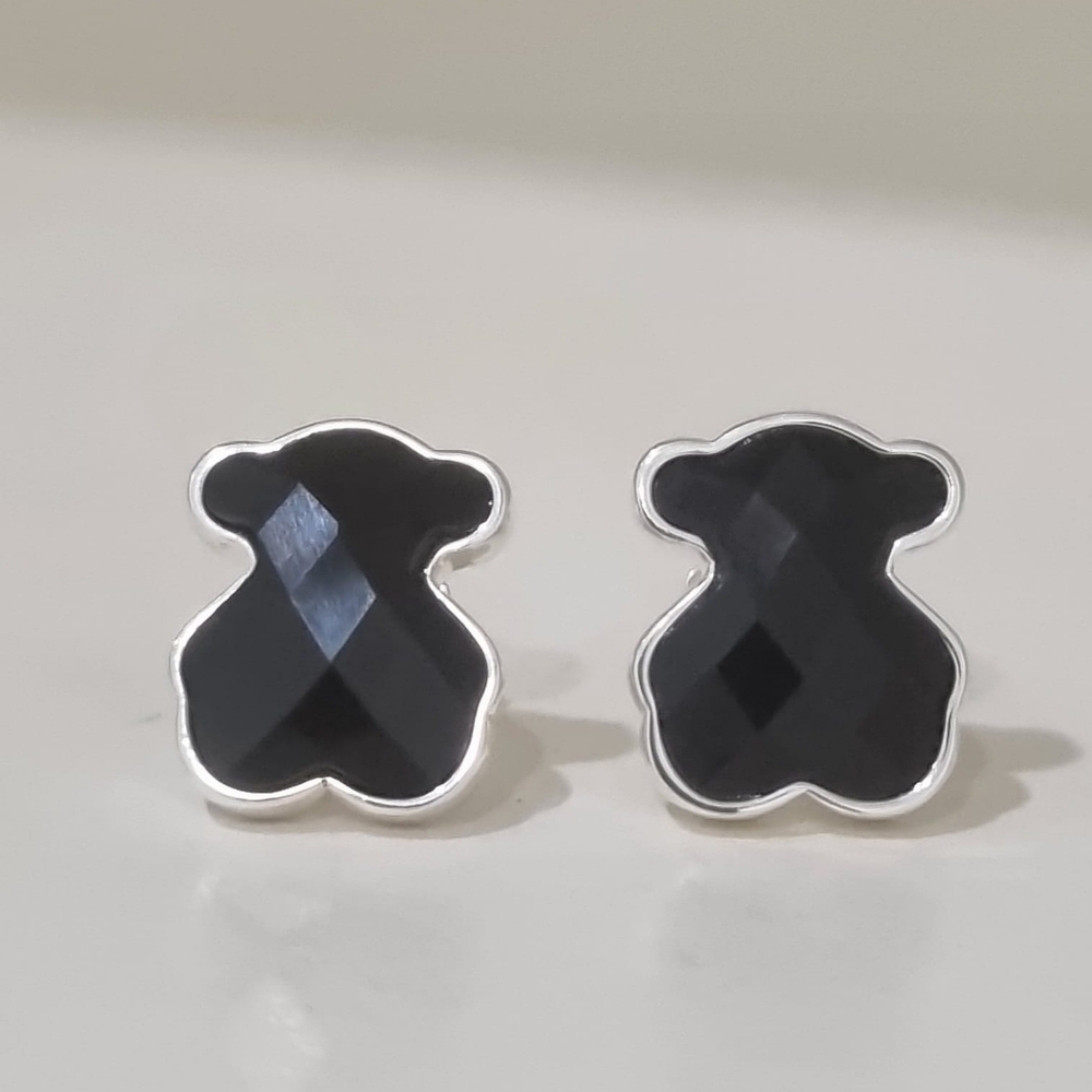 Tous Silver Color Stud Earrings with Faceted Onyx 15mm